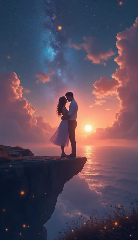 ---

prompt:

"visualize an ethereal and romantic scene that captures the essence of love and longing from the lyrics. depict a couple standing together on the edge of a breathtaking cliff, overlooking a starlit ocean. the night sky is illuminated with vib