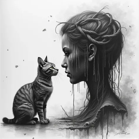 Pencil drawing of a cat and the silhouette of a woman&#39;s face with a braid shaped like a scorpion. melting face , damages drawing 