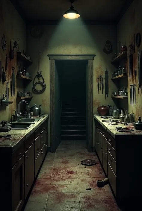 Create a horror-style sadist kitchen. Show me the full room and the entrance to the attic