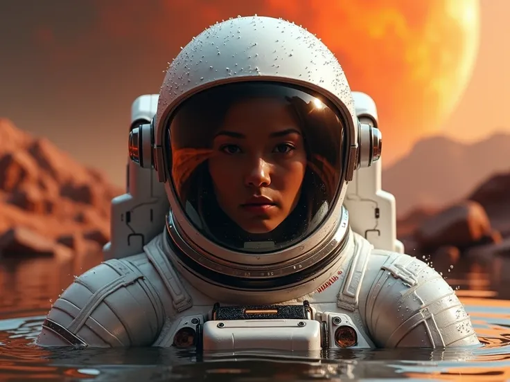  generate a high resolution 8k ,  of an astronaut ,  coming out of the water , with emphasis on the face inside the astronauts clothing. In the background, a red planet, As if it were Mars .