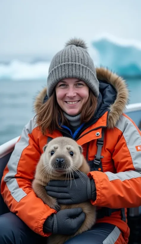   A researcher with Arctic equipment  ,   sitting on a boat in icy waters  , holding a small  ,  super walrus baby  .     The researcher is smiling warmly    ,    wearing an orange and white outfit for the cold with a hat   .   The baby walrus seems calm a...