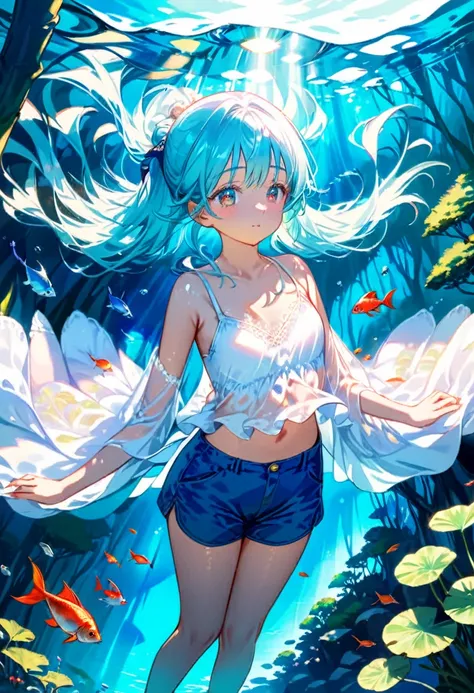 , (((light blue long hair)))), (tiny 1girl model: 1.2),(((little delicate girl)))),,1girl, white camisole, blue shorts, (exquisitely detailed skin), underwater, fishes, plants, fantasy, best shadow,intricate, cinematic light,perfect anatomy,(coolcolor:1.4)...