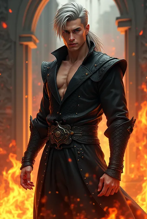 (anime style 3d) a young man in his twenties, central mullet silver hair, grey eyes, seductive and fierce looking, lean and tall, black leather and scaly medieval clothing style, controls fire. 