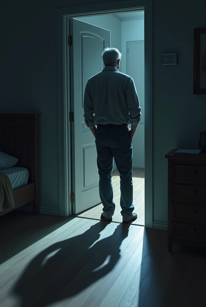 the door of a bedroom, a grey haired man standing outside, some light coming through the door, a huge black shadow of another man on the floor. The shadow clearly doesnt match with the man, backside