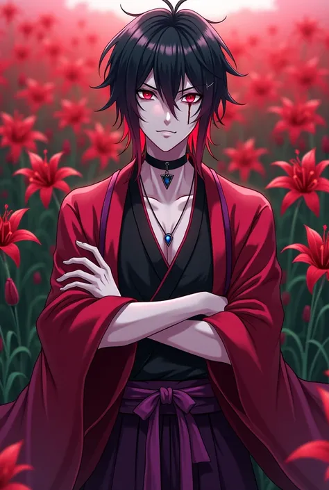  Make an anime-style image of a young man , } with white skin and black hair that has a red gradient towards the tips and eyes red ;  his right eye is empty , without iris,  completely white , y tiene una cicatriz vertical about this.  He wears a tight nec...