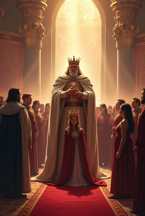 King Orion proudly crowning Arin as the new king, surrounded by nobles and citizens celebrating.
- Keywords: triumph, coronation, new era