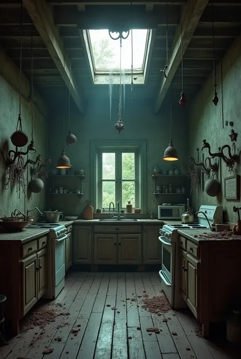 Create a horror-style sadist kitchen. Show me the full room and the entrance to the attic.  Make the room bigger, and the attic on the ceiling . Make the room look old and scary. The attic in the ceiling