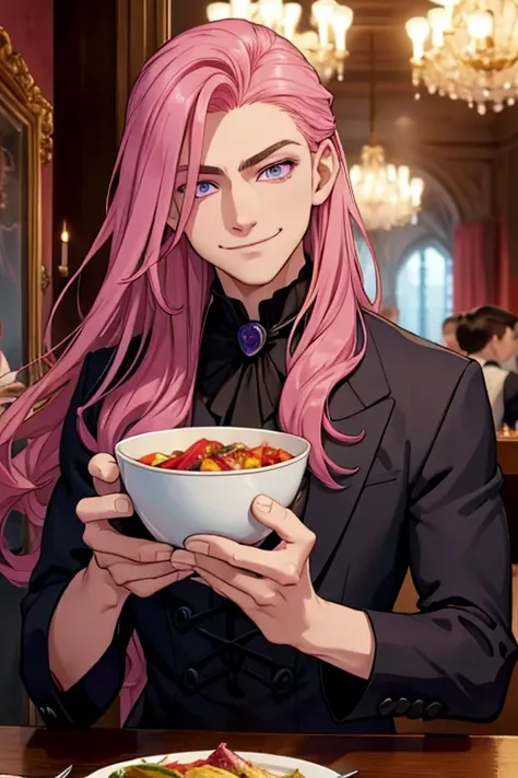 Perfect face. Perfect hands. A handsome pink haired man with violet eyes with long hair in a Gothic suit is smiling while eating dinner in a Gothic ballroom