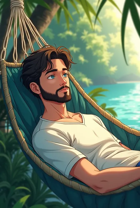 An anime-like image of a young, bearded man lying in a hammock
