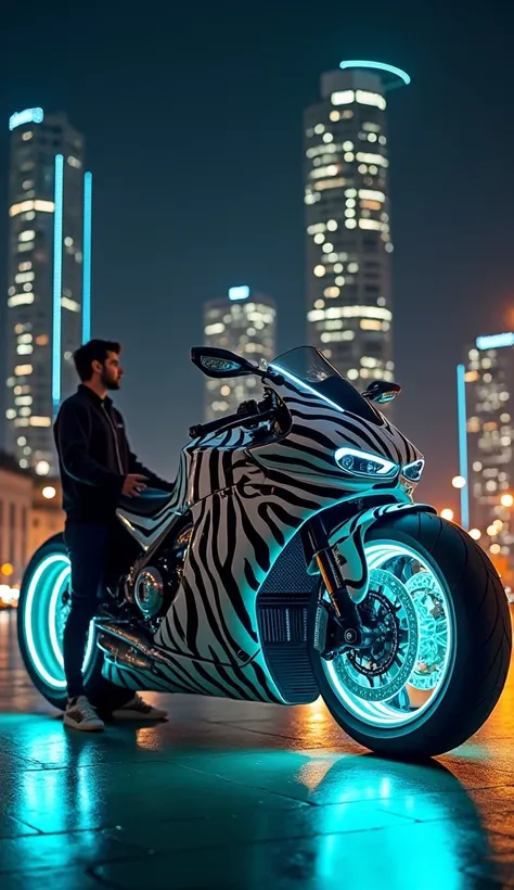 The image shows a uniquely designed motorcycle resembling a zebra, with the body covered in a zebra-like pattern of black and white. The wheels are illuminated with neon blue and green colors, giving it a futuristic appearance. In the background, there are...