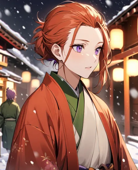 Androgynus, green front of the hair, grewn hair slicked back, reddish orange hair, reddish orange locks, multicolored purple japanese clothes, snowing, two-tone hair, adult