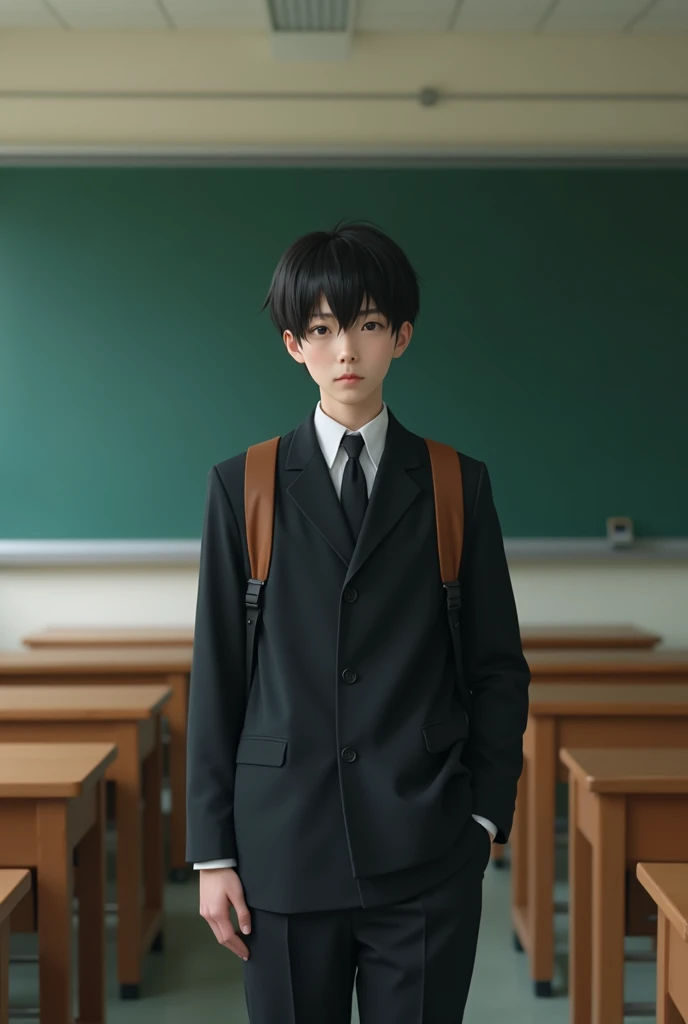 Japanese man, 20 years old, thin body, very white skin,Wearing the typical black Japanese male student outfit, carrying a brown backpack,Having a two block straight hairstyle,Standing in front of a typical Japanese high school classroom Near the blackboard...