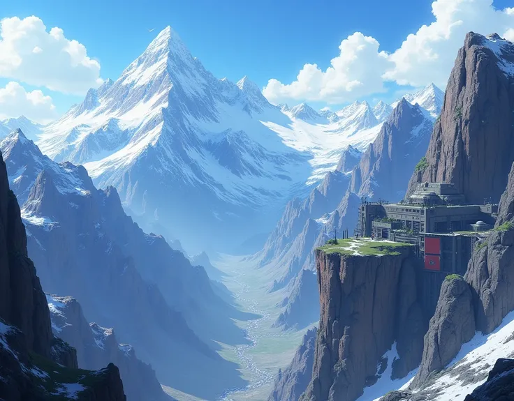 a mountain landscape with a secret base attached to the side, long shot, anime art style