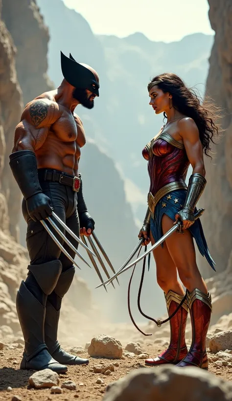 Create an image of Wolverine face to face with Wonder Woman facing each other in hostile terrain