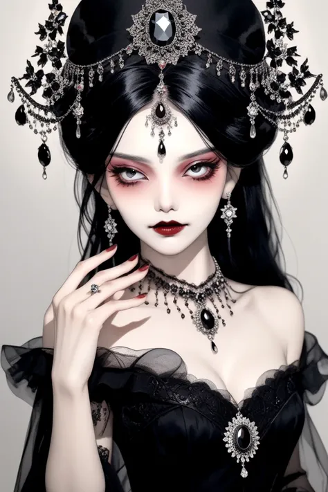 (best quality, sketch:1.2),actual,illustrator,1 girl,Detailed lips, ，Fangs，hand，Off-shoulder，Black long hair，Black dress，Exaggerated jewelry， masterpiece, The style is vintage, Deep Black 