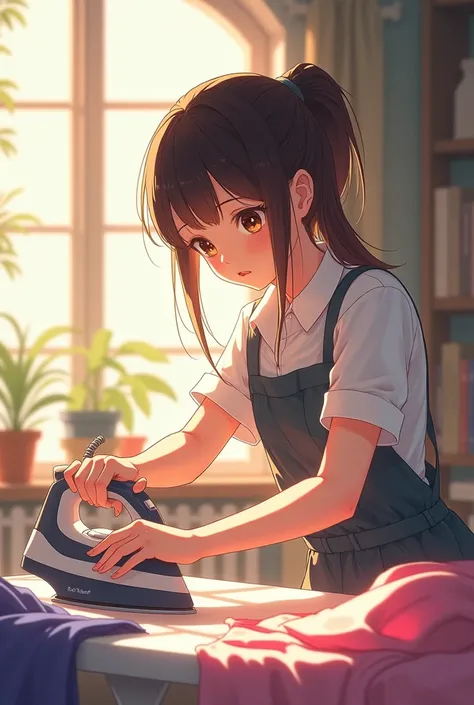 Make an anime-like image of a young woman ironing clothes
