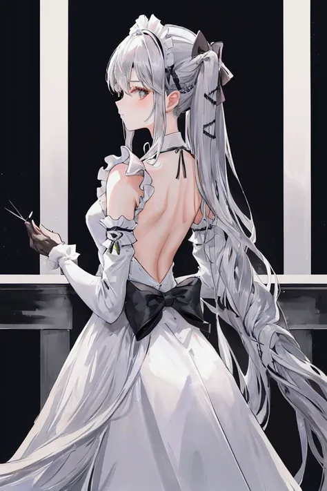 1 female, Silver long hair, long side hair, Maid, back,  bow your back, Waist folded at 90 degrees