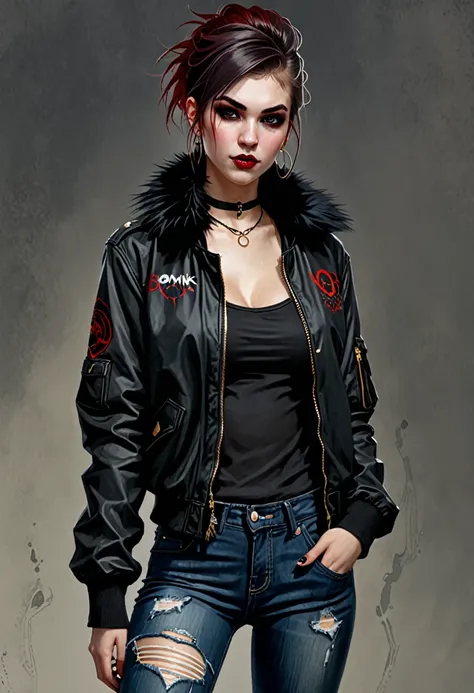 realistic, charlie-bowater-style, vampire, young woman, Aiatin, bomber jacket, combat boots, punk hairstyle, brass knuckles, fur collar, torn black top, small tits, jeans, 