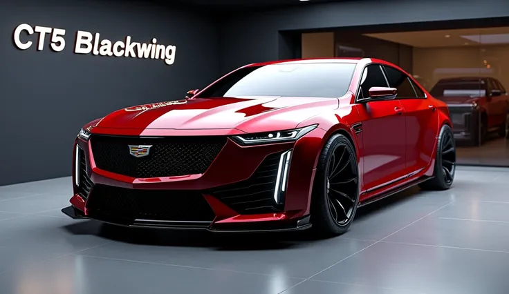 Realistic of futuristic 2025 Cadillac CT5 BlackWing with modification good looking red  colour front sided angle parked in showroom 100% real images high with resolution logo on car light on car show name on background and give me excellent results 