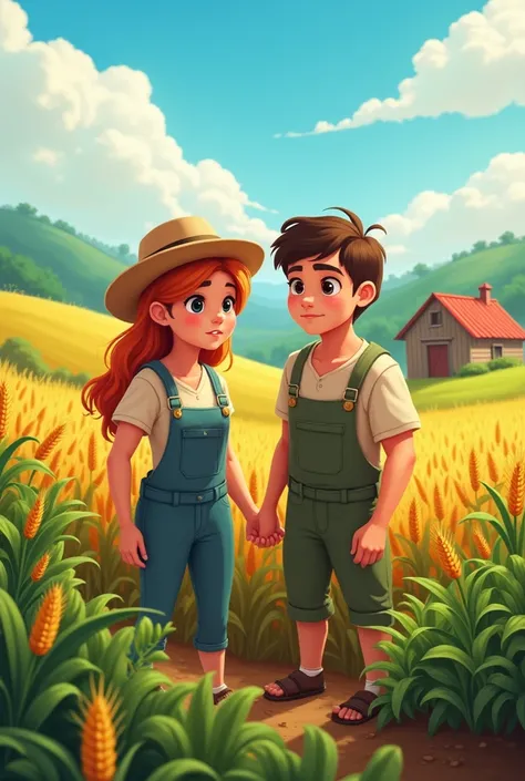 A farm with lush crops and the two friends working together, but one looks pale and tired.