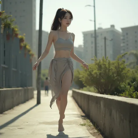 A slender asian woman carefully walking on top of a wall in the city in the sunlight that effects cinematic ,arms outstretched for balance, her posture focused and precise. Her expression shows deep concentration as she steps lightly, maintaining her equil...