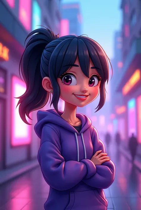 An animated 2D animated female character ,  with defined lines and a flat design characteristic of digital cartoons. has a ponytail,  purple hoodie and a fringe covering her eyes , smiling confidently ,  representing a content creator in a vibrant environm...