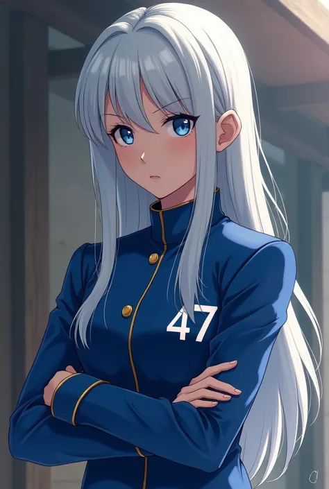  A girl with long platinum hair, 18 years old,  wearing a blue uniform tied , Number 47 next to ,  arms crossed,  dark blue eyes 