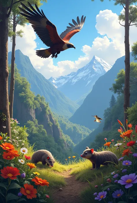 a beautiful landscape with an Andean condor a possum with its little ren and a hummingbird