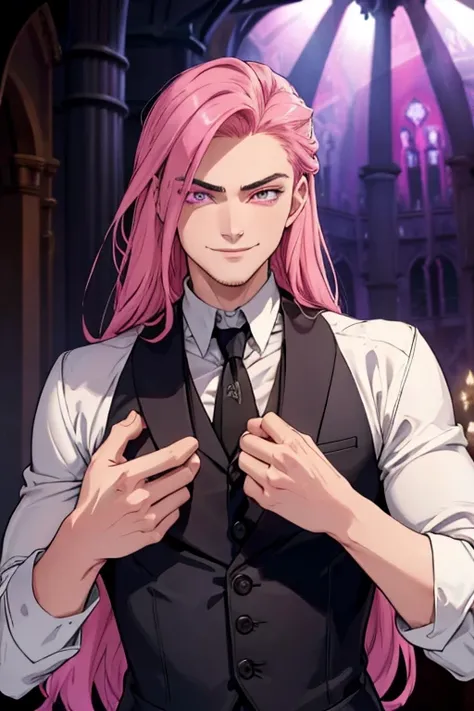 Perfect face. Perfect hands. A handsome pink haired man with violet eyes with long hair in a Gothic suit is smiling while posing in a Gothic ballroom