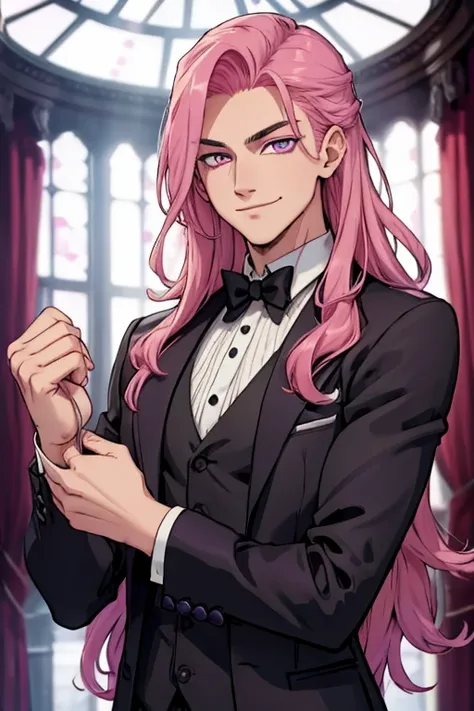 Perfect face. Perfect hands. A handsome pink haired man with violet eyes with long hair in a Gothic suit is smiling while posing in a Gothic ballroom