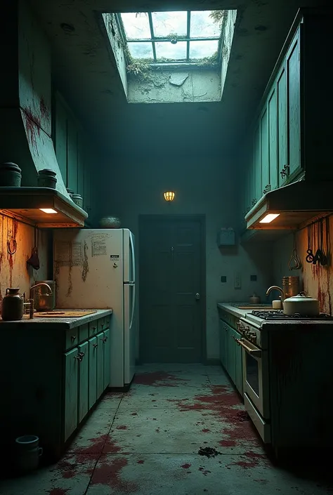 Create a horror-style sadist kitchen.  Show the full room.  Make the room bigger, and the attic on the ceiling . Make the room look old and scary. Add a skylight to the attic. night time 