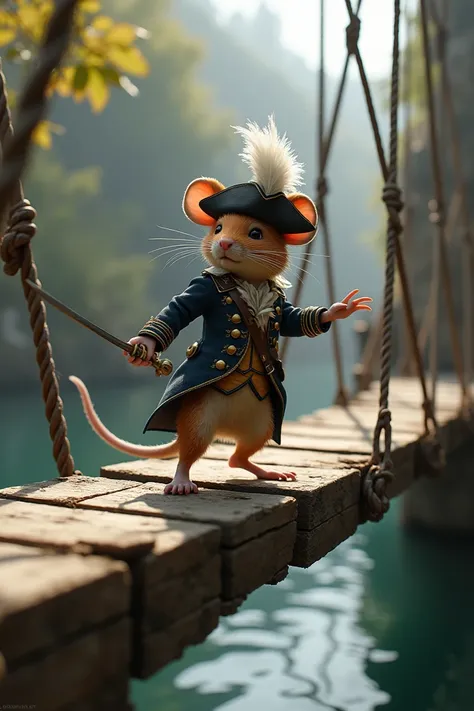 A musketeer mouse with a sword and a hat climbing a pontoon, realistic ,hd