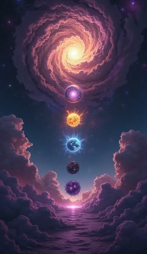 "Chaos represented as an endless, dark expanse with swirling purple and black mists. Emerging from the void are Gaia as a vibrant Earth-like entity, Tartarus as a fiery pit, Eros as a golden orb of light, and Nyx and Erebus as star-filled, shadowy forms."