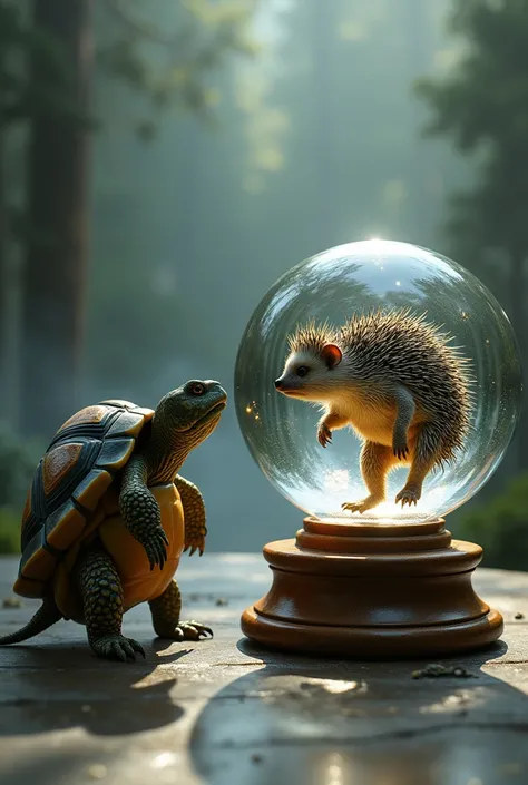 A sports turtle remembers a very old athlete hedgehog in a thought globe 