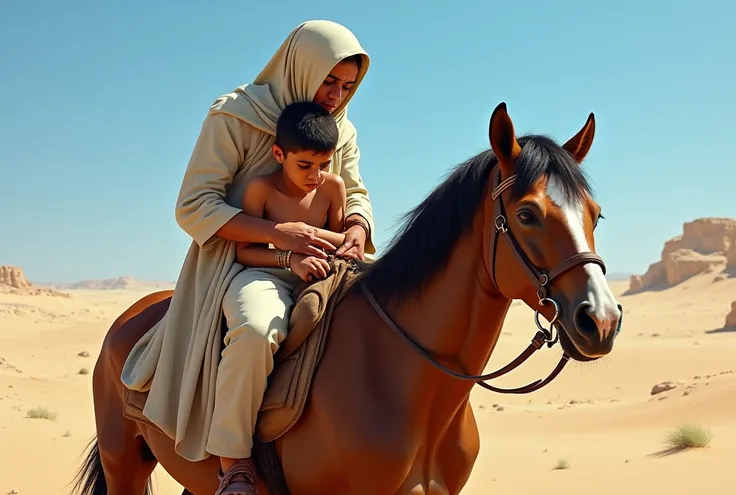 Paint a dramatic scene of an Egyptian teenager sitting on the back of a horse with his mother , The mother is crying with her head down hugging her sons waist and her son looking discouraged and helpless. The image is on a sunny day and a blue sky