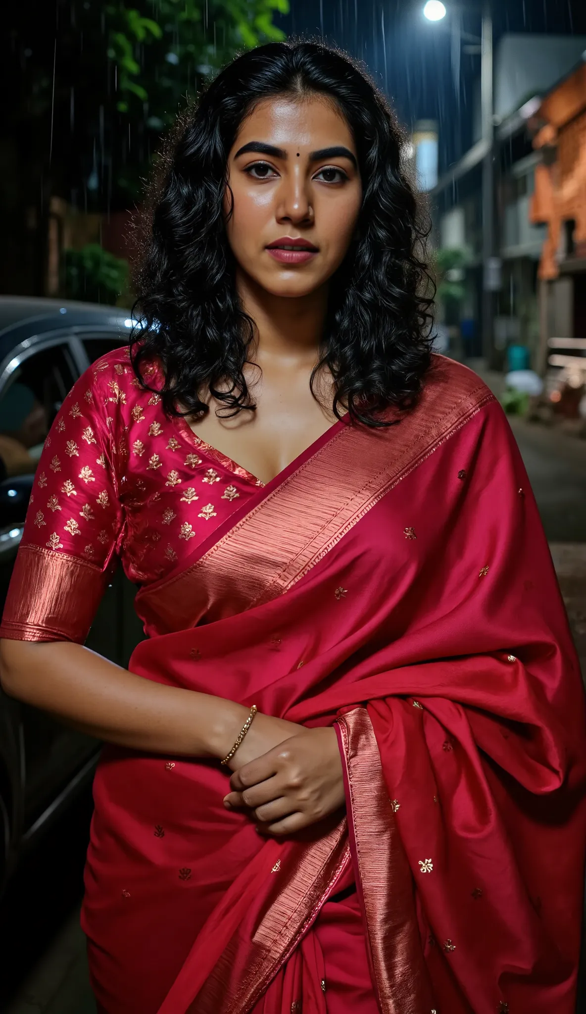 air skinned woman in a rain and getting herself drenched from the rain water in the middle of a night road, she is wearing red s...