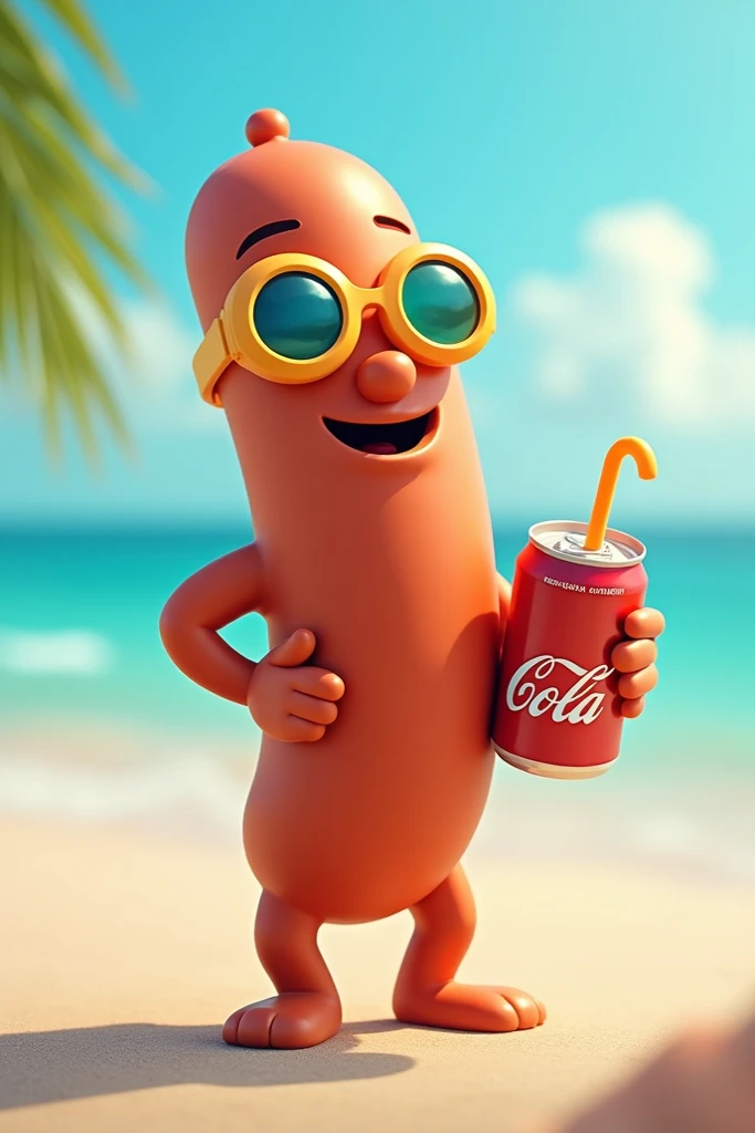 A sausage arms and legs carrying a soda and wearing beach goggles