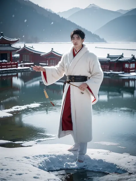 A full-body portrait of a handsome, upright 20-year-old white-haired man with strong martial arts skills, exuding grace and nobility. He has striking red pupils and is styled in an ancient Chinese theme. He holds a finely crafted sword, embodying elegance ...