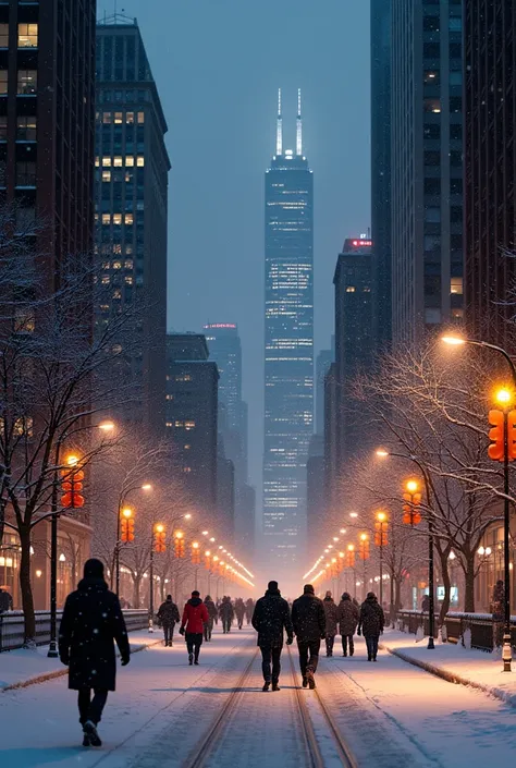 "Capture the essence of a Chicago snowy night: The camera pans across the iconic skyline, dusted with snow, as streetlights cast a soft glow on the icy sidewalks below. People bundled in coats and scarves hustle down Michigan Avenue, their breath visible i...