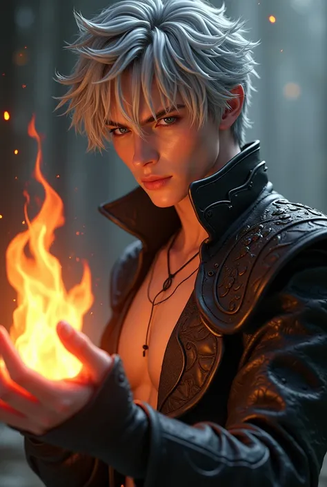 (anime style 3d) a young man in his twenties, curtain bangs silver hair, grey eyes, seductive and fierce looking, lean and tall, black leather and scaly medieval clothing style, fire binding.