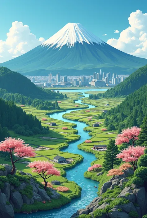 bottom:  A characteristic Japanese landscape that includes mountains ,  like Mount Fuji ,  and urban elements such as a Tokyo skyline , con sus rascacielos  and advanced technology .
 Limited natural resources :  Show small agricultural fields ,  maybe wit...