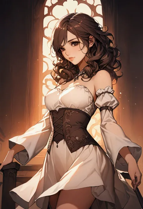 attractive young girl with very curly hair short to the shoulders very dark brown and black eyes wearing a thin white dress with loose sleeves and fantasy corset 