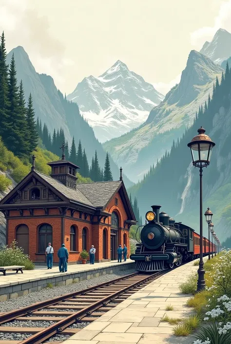 Drawn train mountain station