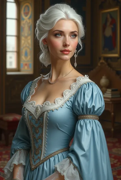  Beautiful medieval woman in light blue dress, forty-year-old with white hair  