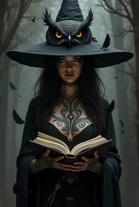 black tattoo , witch with owl cap and book 