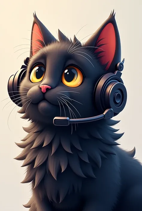 A cat with big curly black hair with a headset 
