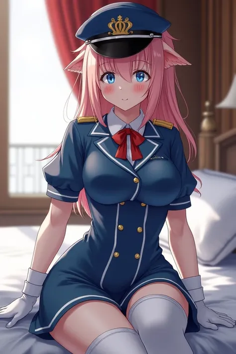 (blue uniform, thigh highs, thighhighs, thigh boots, white pantyhose, gloves, hat, epaulettes, pants), pointy ears, AmeliaCapWaifu, masterpiece, best quality, absurdres, beautiful and aesthetic, detailed:1.1), sexy pose, blue eyes, open legs to viewer, loo...