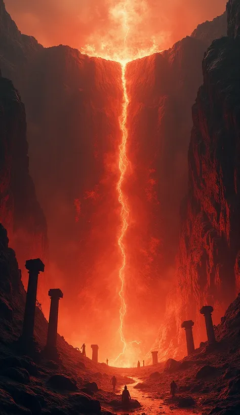 
"A vast and terrifying depiction of Tartarus from Greek mythology, shown as a deep, fiery abyss surrounded by jagged black cliffs and cascading rivers of molten lava. The pit is filled with swirling red and orange smoke, glowing with an ominous light, whi...