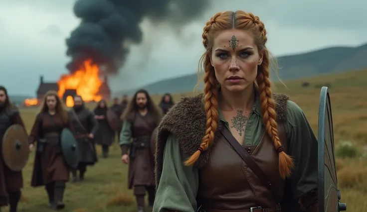 a viking woman, 30yo attractive Norse woman, Viking Shieldmaiden, (medium strawberry-blonde hair, viking braids, braided hair), (dark eyeshadow, dark eyeliner, fully lips, detailed green deep eyes, from weather tanned face skin, beautifully matured face), ...