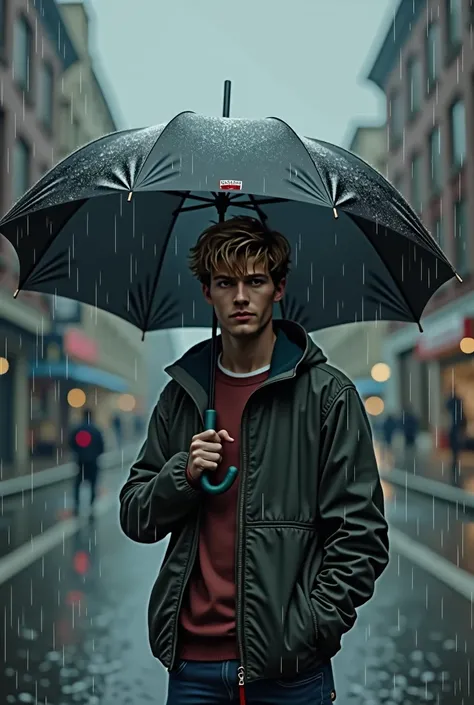 young white blone man, with thoughtful umbrella, realistic rainy weather 
